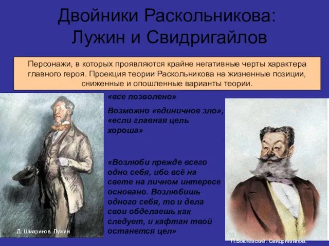 Двойники Раскольникова: Лужин и Свидригайлов П.Боклевский. Свидригайлов. Д. Шмаринов. Лужин «Возлюби прежде