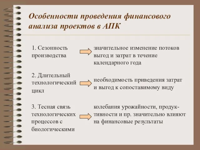 Особенности проведения финансового анализа проектов в АПК 1. Сезонность производства значительное изменение