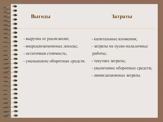 Выгоды Затраты - выручка от реализации; - внереализационные доходы; - остаточная стоимость;