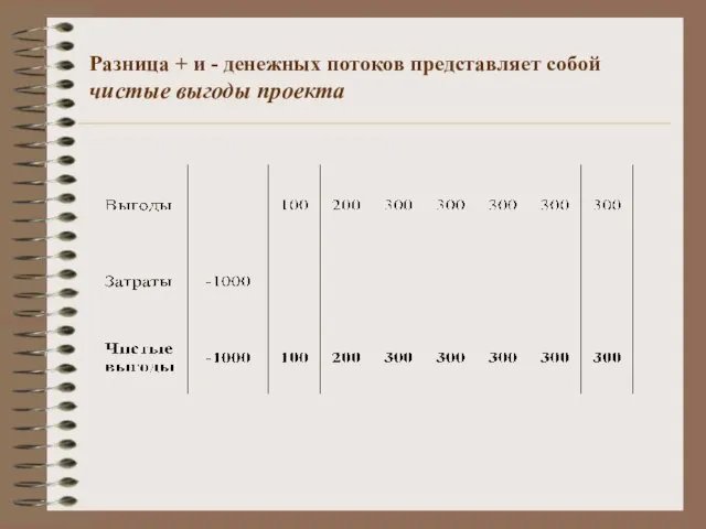 Разница + и - денежных потоков представляет собой чистые выгоды проекта