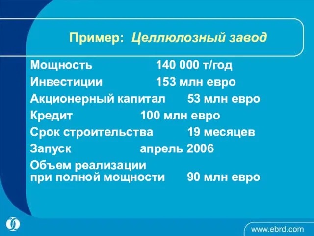 Пример: Целлюлозный завод Мощность 140 000 т/год Инвестиции 153 млн евро Акционерный