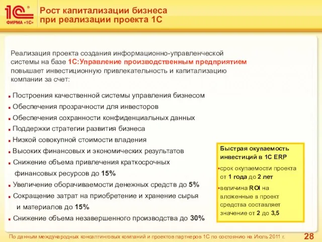 Рост капитализации бизнеса при реализации проекта 1С Реализация проекта создания информационно-управленческой системы