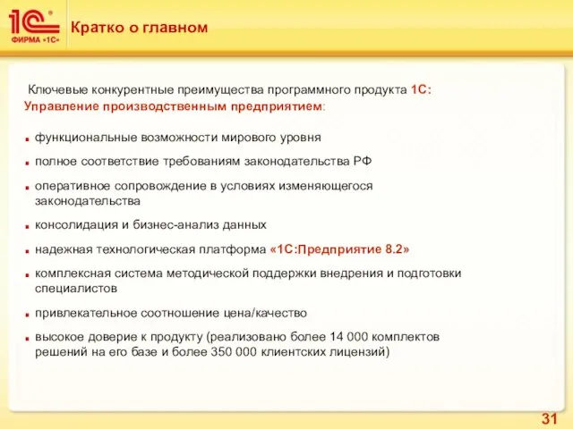 Кратко о главном Ключевые конкурентные преимущества программного продукта 1С:Управление производственным предприятием: функциональные