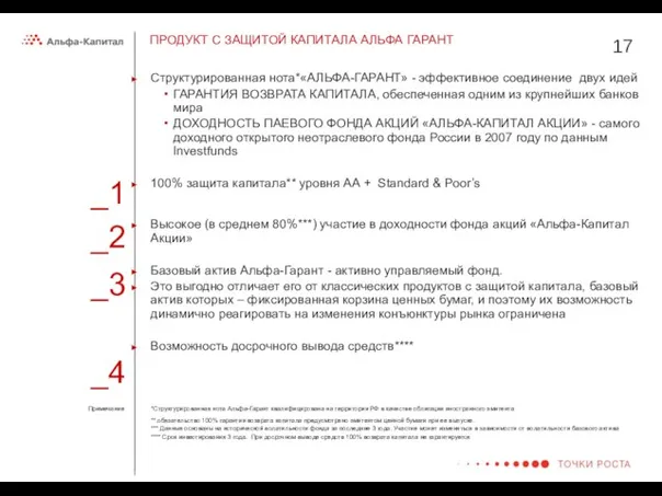 Структурированная нота*«АЛЬФА-ГАРАНТ» - эффективное соединение двух идей ГАРАНТИЯ ВОЗВРАТА КАПИТАЛА, обеспеченная одним