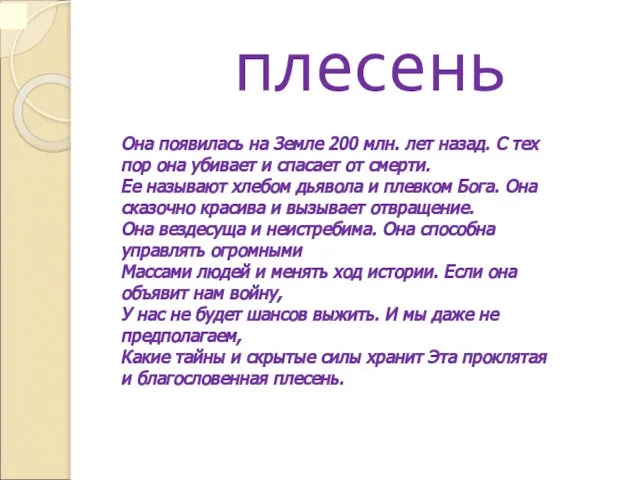 плесень Она появилась на Земле 200 млн. лет назад. С тех пор