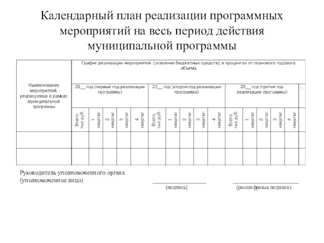 Календарный план реализации программных мероприятий на весь период действия муниципальной программы Руководитель