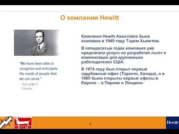 О компании Hewitt Компания Hewitt Associates была основана в 1940 году Тэдом