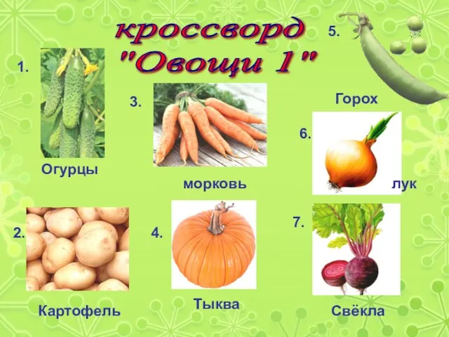 кроссворд "Овощи 1" 1. Огурцы 2. Картофель 3. морковь 4. Тыква 5.