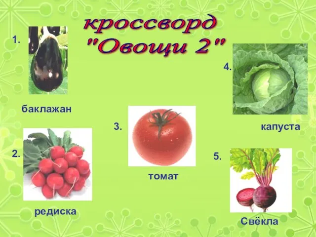 кроссворд "Овощи 2" 1. баклажан 2. редиска 3. томат 4. капуста 5. Свёкла