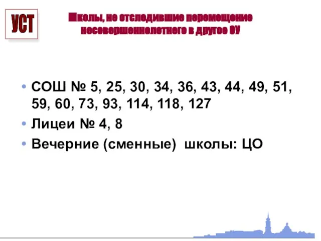 Школы, не отследившие перемещение несовершеннолетнего в другое ОУ СОШ № 5, 25,