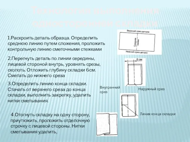 Технология выполнения односторонней складки 1.Раскроить деталь образца. Определить среднюю линию путем сложения,