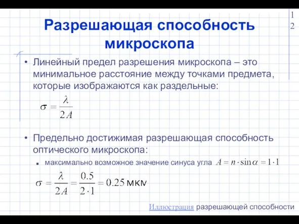 Разрешающая способность микроскопа Линейный предел разрешения микроскопа – это минимальное расстояние между