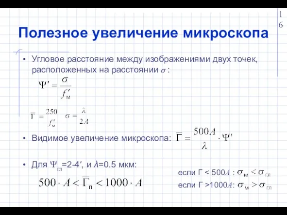 Полезное увеличение микроскопа Угловое расстояние между изображениями двух точек, расположенных на расстоянии σ :