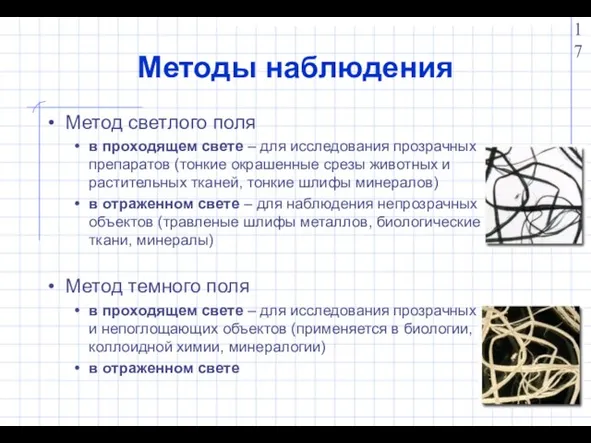 Методы наблюдения Метод светлого поля в проходящем свете – для исследования прозрачных