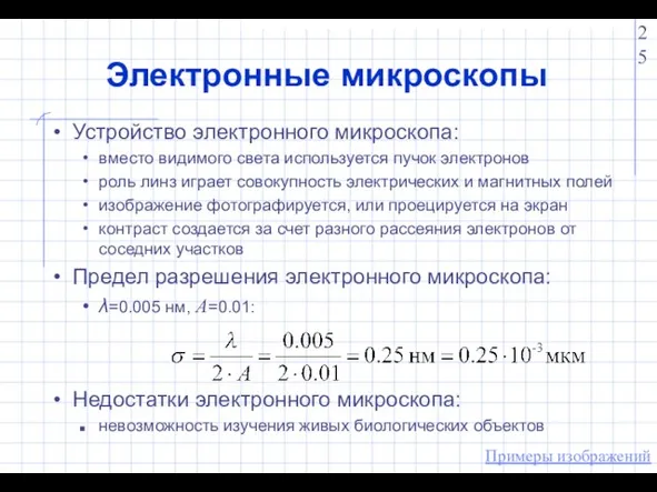 Электронные микроскопы Устройство электронного микроскопа: вместо видимого света используется пучок электронов роль