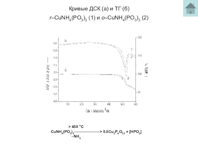 Кривые ДСК (а) и ТГ (б) r–CuNH4(PO3)3 (1) и o–CuNH4(PO3)3 (2) >