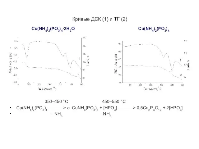 Кривые ДСК (1) и ТГ (2) Cu(NH4)2(PO3)4∙2H2O Cu(NH4)2(PO3)4 350–450 °C 450–550 °C