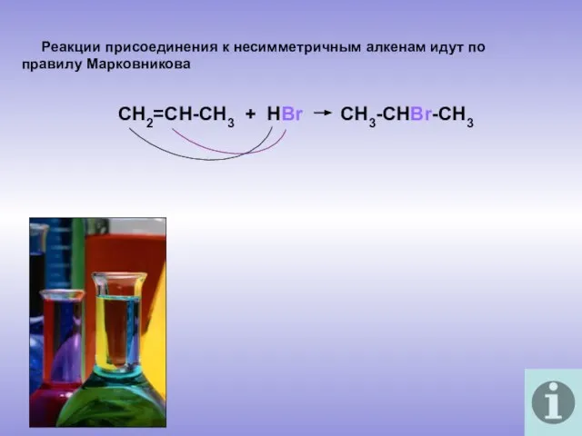 Реакции присоединения к несимметричным алкенам идут по правилу Марковникова СН2=СН-СН3 + НВr CH3-CHBr-CH3