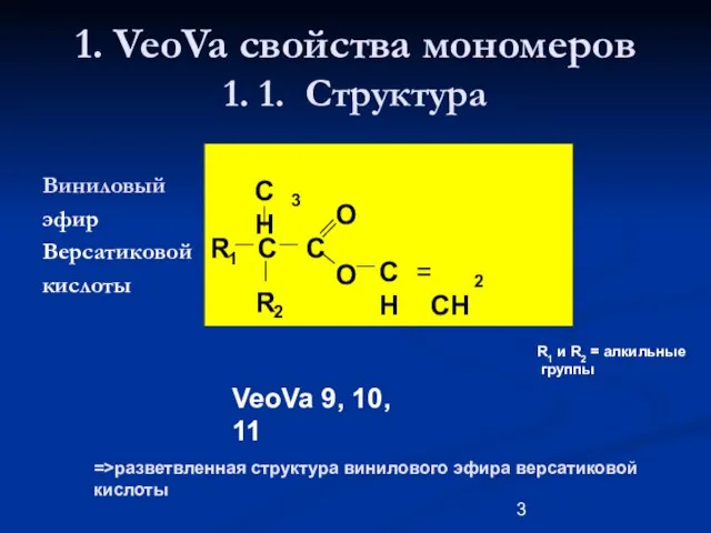 1. VeoVa свойства мономеров 1. 1. Структура Виниловый эфир Версатиковой кислоты CH
