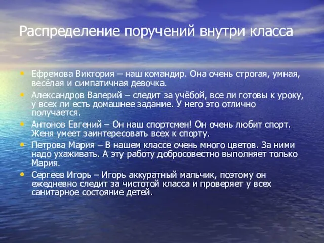 Распределение поручений внутри класса Ефремова Виктория – наш командир. Она очень строгая,