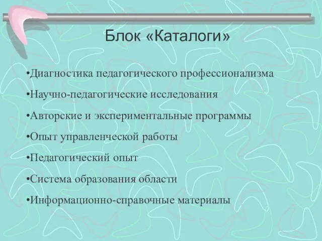 Блок «Каталоги» Диагностика педагогического профессионализма Научно-педагогические исследования Авторские и экспериментальные программы Опыт