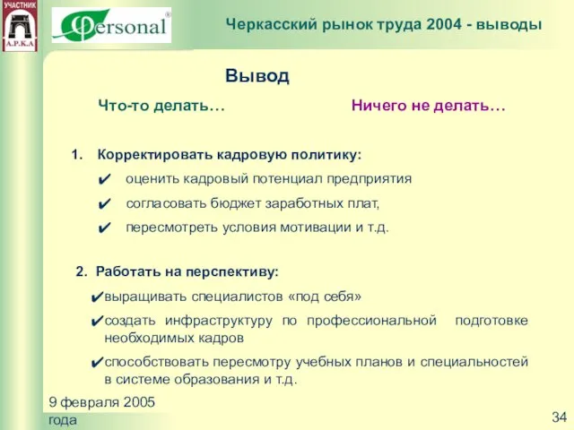 9 февраля 2005 года Корректировать кадровую политику: оценить кадровый потенциал предприятия согласовать