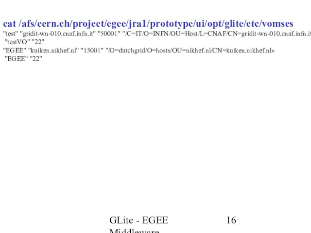 GLite - EGEE Middleware cat /afs/cern.ch/project/egee/jra1/prototype/ui/opt/glite/etc/vomses "test" "gridit-wn-010.cnaf.infn.it" "50001" "/C=IT/O=INFN/OU=Host/L=CNAF/CN=gridit-wn-010.cnaf.infn.it» "testVO" "22"