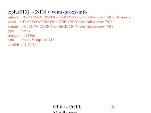 GLite - EGEE Middleware lxplus013] ~/INFN > voms-proxy-info subject : /C=CH/O=CERN/OU=GRID/CN=Victor Galaktionov