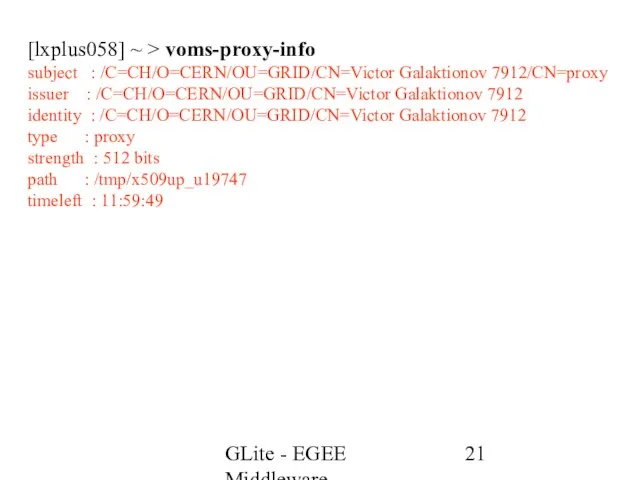 GLite - EGEE Middleware [lxplus058] ~ > voms-proxy-info subject : /C=CH/O=CERN/OU=GRID/CN=Victor Galaktionov