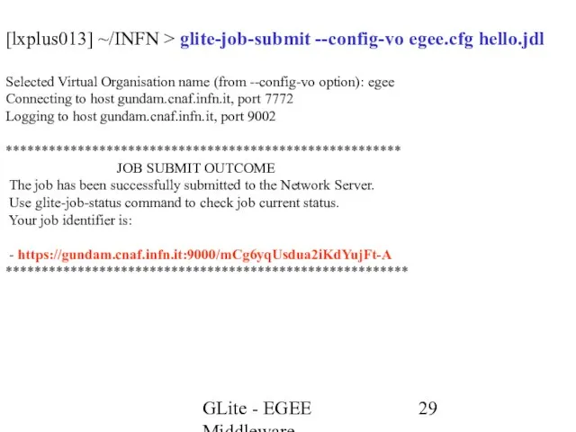 GLite - EGEE Middleware [lxplus013] ~/INFN > glite-job-submit --config-vo egee.cfg hello.jdl Selected