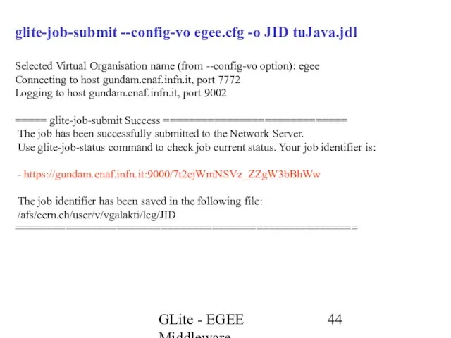 GLite - EGEE Middleware glite-job-submit --config-vo egee.cfg -o JID tuJava.jdl Selected Virtual