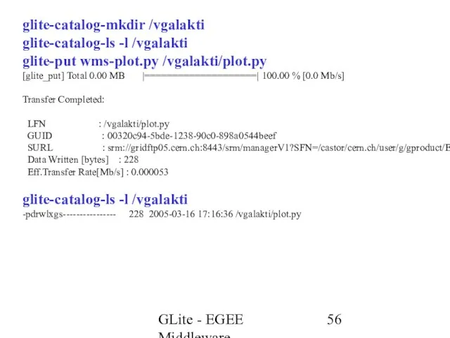 GLite - EGEE Middleware glite-catalog-mkdir /vgalakti glite-catalog-ls -l /vgalakti glite-put wms-plot.py /vgalakti/plot.py