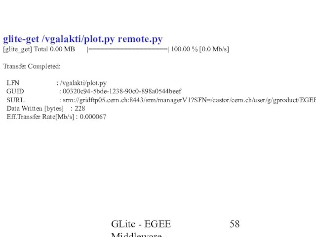 GLite - EGEE Middleware glite-get /vgalakti/plot.py remote.py [glite_get] Total 0.00 MB |====================|