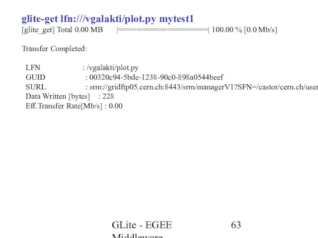 GLite - EGEE Middleware glite-get lfn:///vgalakti/plot.py mytest1 [glite_get] Total 0.00 MB |====================|