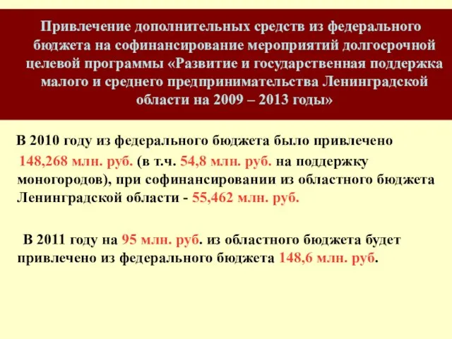 Привлечение дополнительных средств из федерального бюджета на софинансирование мероприятий долгосрочной целевой программы