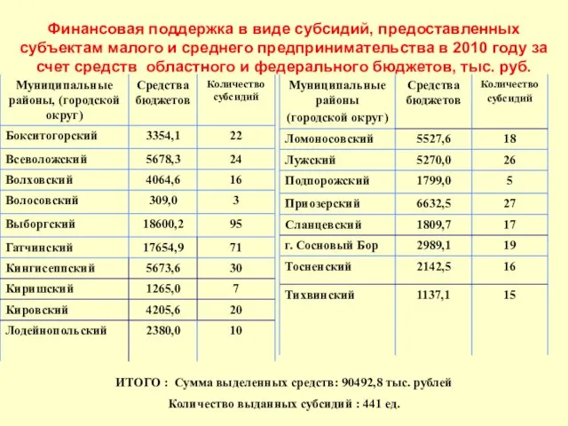 Финансовая поддержка в виде субсидий, предоставленных субъектам малого и среднего предпринимательства в