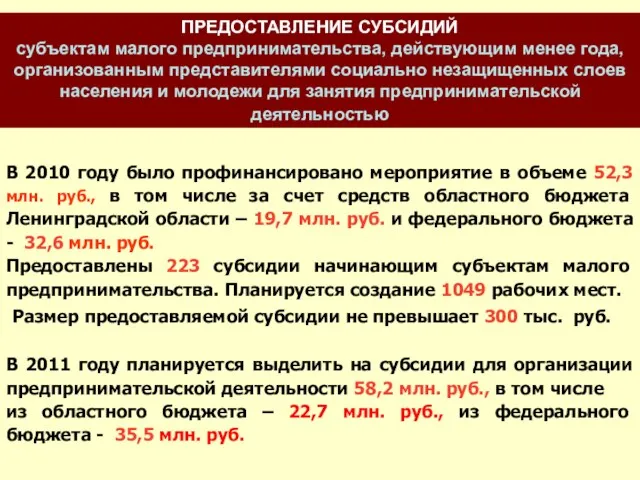 ПРЕДОСТАВЛЕНИЕ СУБСИДИЙ субъектам малого предпринимательства, действующим менее года, организованным представителями социально незащищенных