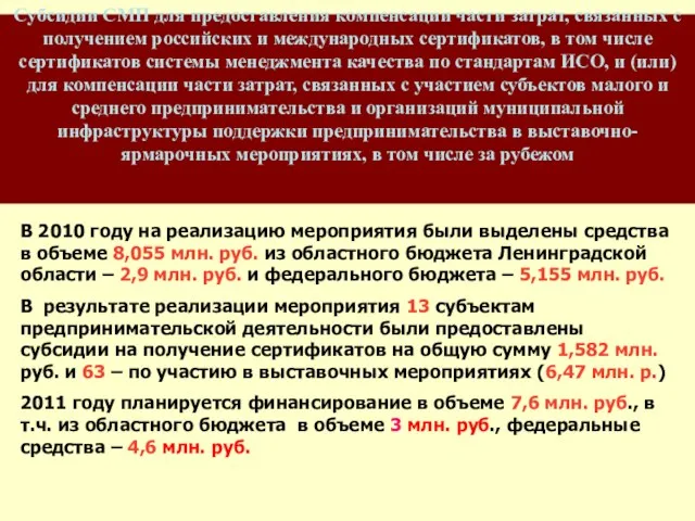 Субсидии СМП для предоставления компенсации части затрат, связанных с получением российских и