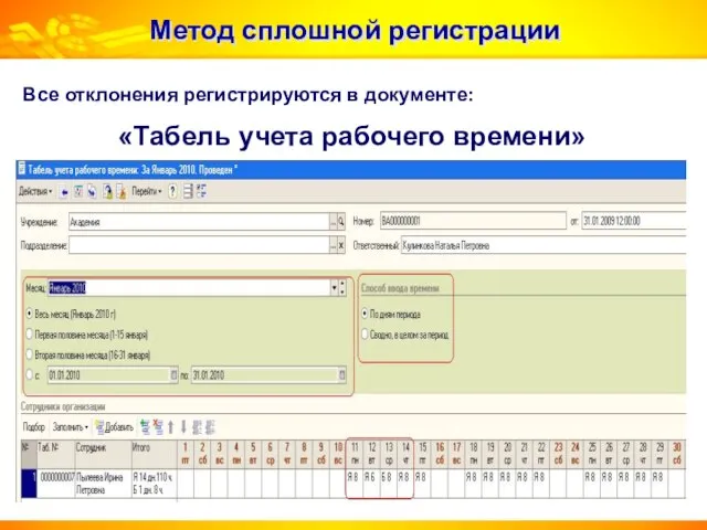 Метод сплошной регистрации Все отклонения регистрируются в документе: «Табель учета рабочего времени»