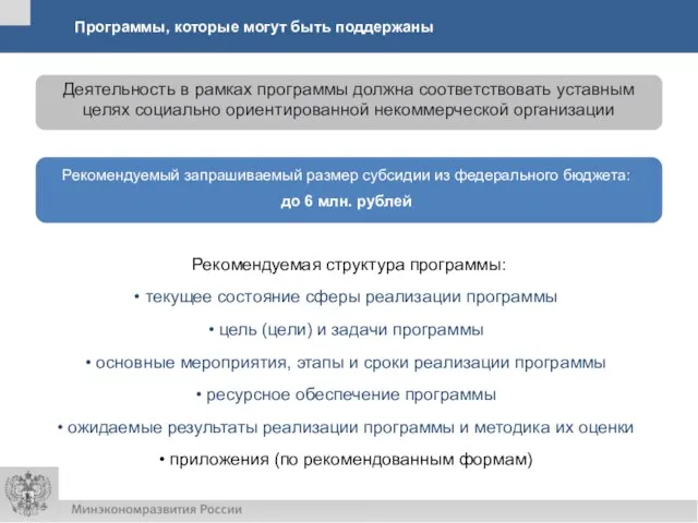 Программы, которые могут быть поддержаны Деятельность в рамках программы должна соответствовать уставным