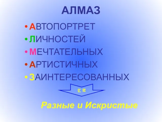 АЛМАЗ АВТОПОРТРЕТ ЛИЧНОСТЕЙ МЕЧТАТЕЛЬНЫХ АРТИСТИЧНЫХ ЗАИНТЕРЕСОВАННЫХ МЫ Разные и Искристые