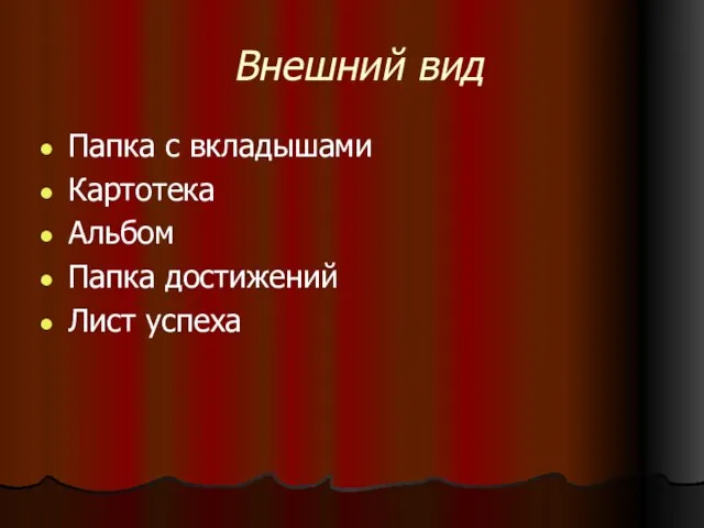 Внешний вид Папка с вкладышами Картотека Альбом Папка достижений Лист успеха