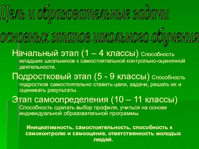 Начальный этап (1 – 4 классы) Способность младших школьников к самостоятельной контрольно-оценочной