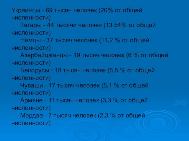 Украинцы - 69 тысяч человек (20% от общей численности) Татары - 44