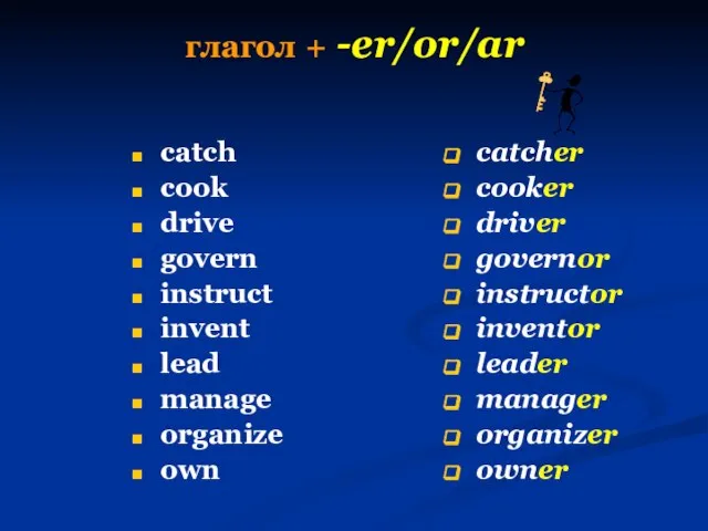 глагол + -er/or/ar catch cook drive govern instruct invent lead manage organize