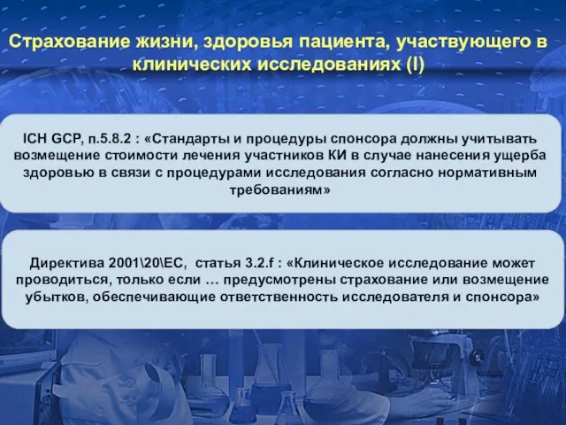 Страхование жизни, здоровья пациента, участвующего в клинических исследованиях (I) ICH GCP, п.5.8.2