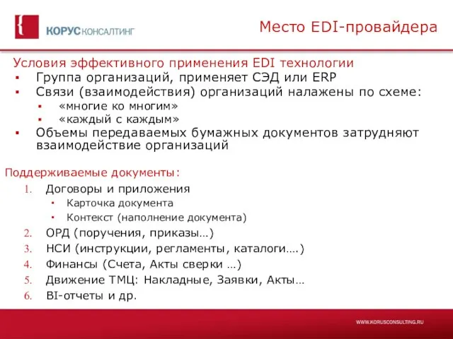 Место EDI-провайдера Поддерживаемые документы: Договоры и приложения Карточка документа Контекст (наполнение документа)