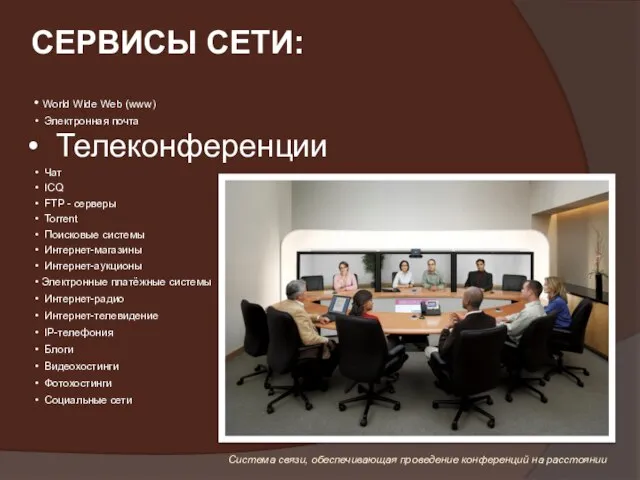 World Wide Web (www) Электронная почта Телеконференции Чат ICQ FTP - серверы