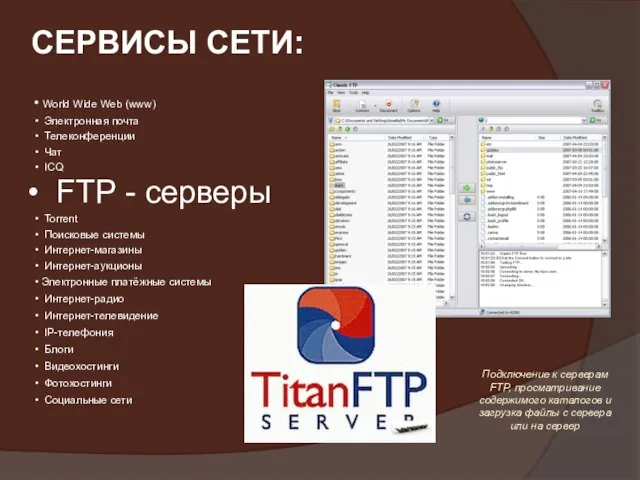 World Wide Web (www) Электронная почта Телеконференции Чат ICQ FTP - серверы