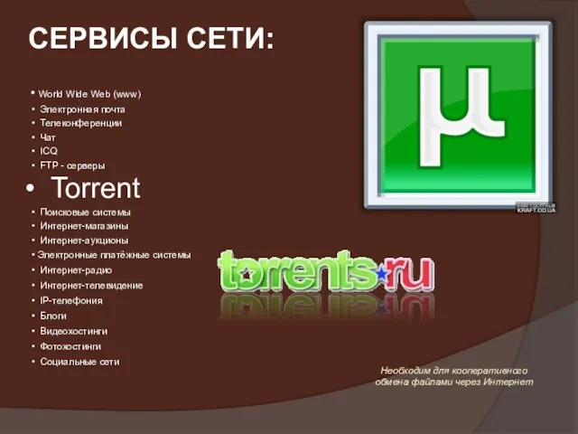 World Wide Web (www) Электронная почта Телеконференции Чат ICQ FTP - серверы